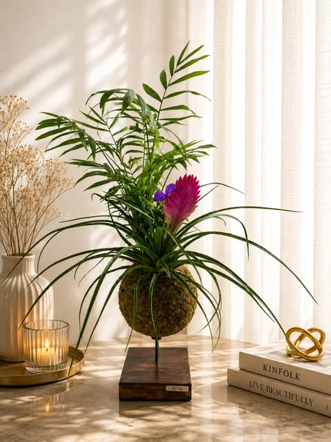 Kokedama de tillandsia rosa sobre base de madeira, com luz da tarde
